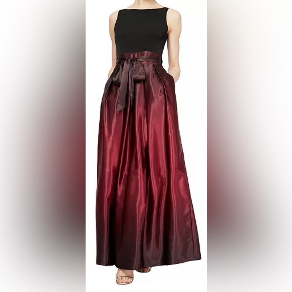 A-Line Maxi Dress with Deep Wine Ombré Skirt & Black Knit Bodice, Waist Tie